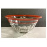 Mid Century Modern clear glass bowl w/ red trim
