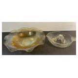 Vintage amber carnival glass bowl & glass juicer