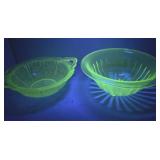 Antique uranium glass mixing bowl ribbed, Jeanette