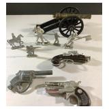 Vintage cast soldiers, cannon, lighter & more