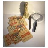 Vintage Budweiser & more bar coasters, magnifying