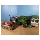 Tonka dump truck, John Deere truck, has a couple