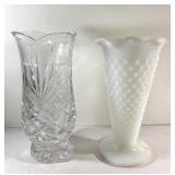 Vintage milk glass hob nail ruffle top vase &