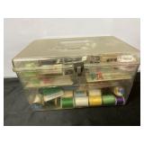 Plastic sewing box with contents. 14x8x9"