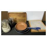 2 Cuisinart choppers, 3 skillets, wood tray and