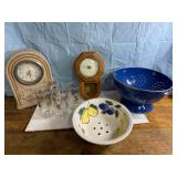 Kitchen ware, strainers, glasses and 2 clocks