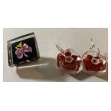 Vintage lucite pierced earrings and purple orchid