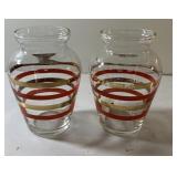 Pair of vintage 4" tall red and gold banded vases