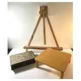 Vintage candy tin, 20" art easel & basket platform