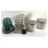 Vintage Hemingray insulators, blue Vaseline jar,