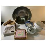 Large stainless mixing bowl. coasters, more