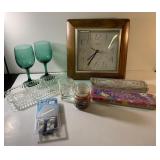 Candles, sheet straps, glass, clock and more