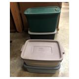 Four totes with lids 2 are Rubbermaid roughneck