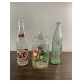 Vintage Pepsi and Coke bottle. Also 1983 M&M jar