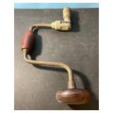 Vintage hand drill with wood handles, 14" long