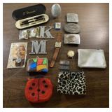 Vintage belt buckles, coin purses, metal letters,