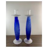 Art glass blue & frosted glass candlesticks-13"