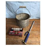 Tin Bucket, roach killer and spray nozzle