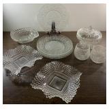 Vintage pressed glass plates, ashtrays and more