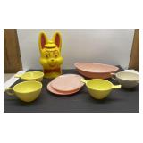 Vintage Sun-Valley Melmac dishes & bunny bank