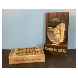 Antique box of clothes pins & 1975 "Hang In There"