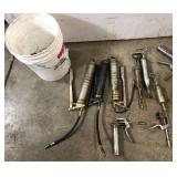 Grease guns, clamps and bucket