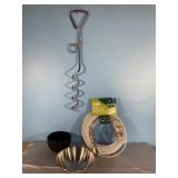 NEW 60 ft dog rope and ground hook, dog bowls