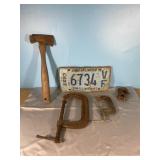 Vintage Clamps, License Plate, Hatchet, & Hook