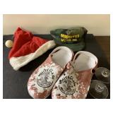 Light up Santa hat, white claw crocs and more