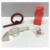 Vintage toys-race car whistle, Owl bank, clear