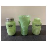 Mid Century Modern Jadeite Salt, Pepper & vase-