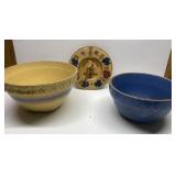 Antique crock bowls (some damage) & vintage wood