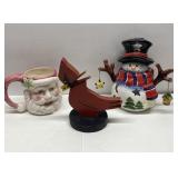 Santa Claus Mug, Snowman Decor, & Wooden Cardinal