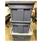 Three Rubbermaid totes with lids