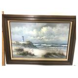 Vintage framed painting beach lighthouse- 44"x31"