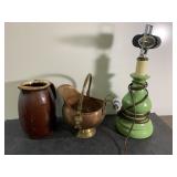 Mid century mod lamp, small copper kettle & stone-