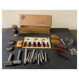 Vintage chocolates box, make up, razors, curlers