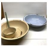 Antique blue & beige enamelware bowls & ladle