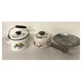Retro folk art cooking teapot, pot w/ lid & bowl