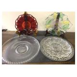 Mid century mod ruby red lace edge plate, hobnail,