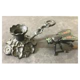 Vintage cast iron folk art fly & candleholder