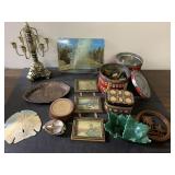 Stunning antique candelabra, vintage prints, tins