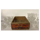 Antique Candlewick glasses & wood crate