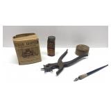 Antique oil lamp wick, leather tool, pen and more