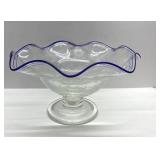 Blue edged art glass fruit bowl