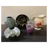 9" tall floral pitcher, ruffled dish (chip on