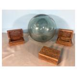 Vintage cedar trinket boxes & glass ball