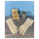 Vintage White Fashion Gloves, Perfume Bottle, and