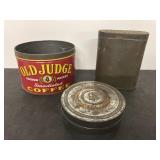 Vintage, Old Judge coffee tin, W.H. Bakers cocoa