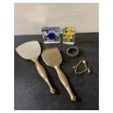 Vintage mirror and brush, lucite florals